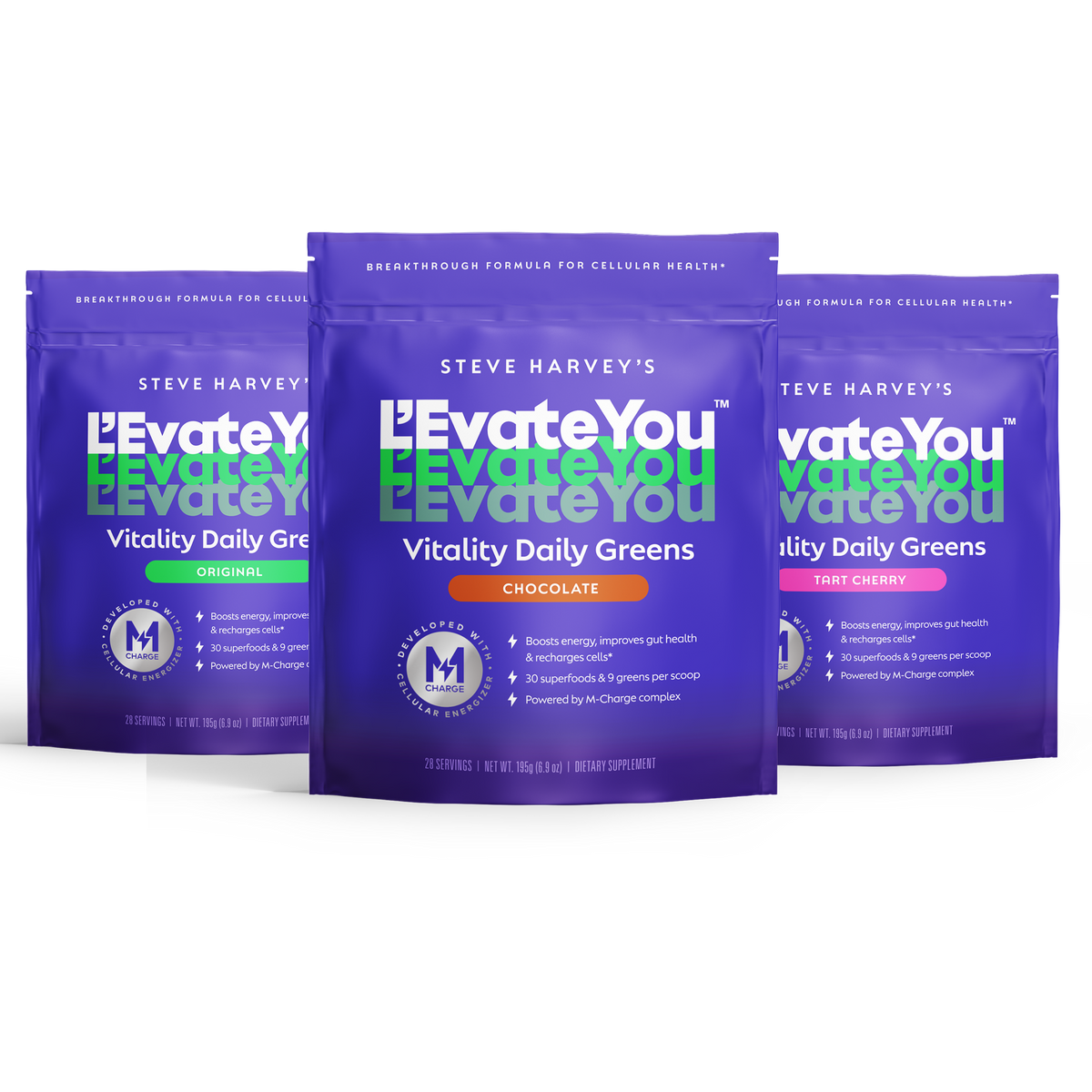 Three L'Evate You Vitality Daily Greens pouches in Original, Chocolate, and Tart Cherry